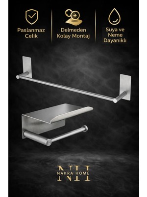 Nakra Home 2'li Paslanmaz Çelik Yapışkanlı Havlu Askısı ve Tuvalet Kağıtlığı | Delmeden Montaj Neme Dayanıklı Havluluk