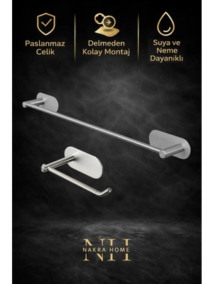 Nakra Home 2'li Paslanmaz Çelik Yapışkanlı Havlu Askısı ve Tuvalet Kağıtlığı | Kolay Montaj | Neme Dayanıklı Havluluk