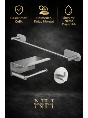 Nakra Home 3'lü Paslanmaz Çelik Yapışkanlı Havlu Askısı ve Tuvalet Kağıtlığı | Kolay Montaj Neme Dayanıklı Havluluk