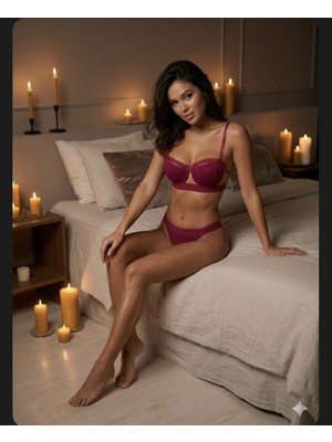 Trend Dokunuş Kadın Bordo Istiridye Model Saten Şeritli Tül Detaylı Dolgulu Sütyen Külot Takımı