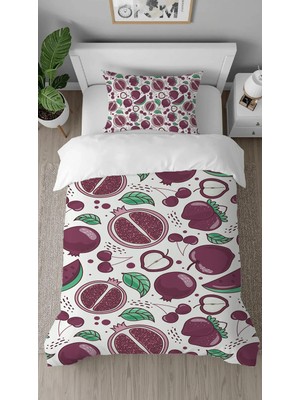 Greendecor Nar Kiraz Vişne Elma Desenli Dijital Baskılı Özel Tasarımlı Çarşafsız Tek Kişilik Nevresim Takımı