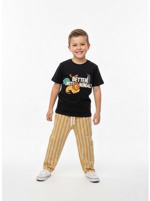 Pini Co Erkek Çocuk Animals Ön ve Sırt Baskılı Siyah T-Shirt ve Sarı Çizgili Pantolon Takım