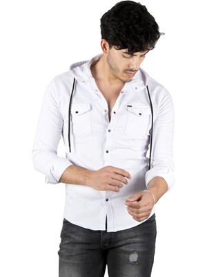 Rizzup Erkek Beyaz Kapüşonlu Slim Fit Dar Kesim Gömlek Likralı Pamuklu Likralı Kot Gömlek 2300396