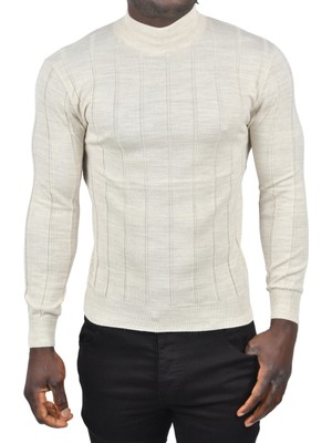 Rizzup Erkek Bej Slim Fit Likralı Tüylenme Yapmayan Yarım Balıkçı Çizgili Triko Yarım Boğazlı Kazak 2505503