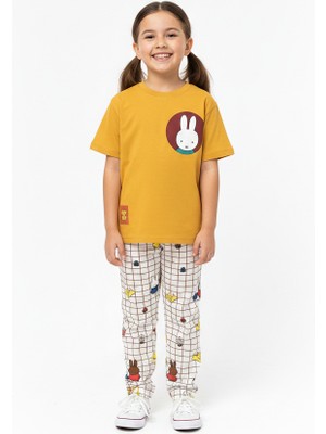 Pini Co Kız Çocuk Hardal Tavşan Baskılı T-Shirt ve Kareli Figürlü Pantolon Takım