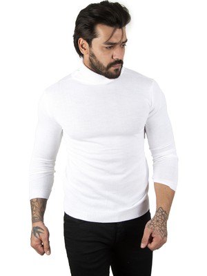 Rizzup Erkek Beyaz Slim Fit Balıkçı Yaka Düz Kazak Boğazlı Yaka Triko 2002292