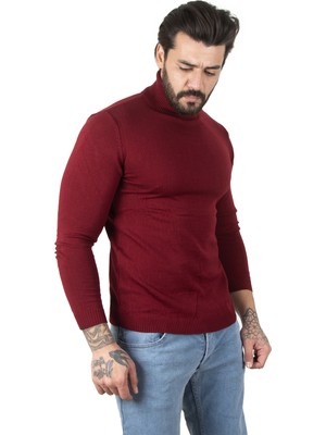Rizzup Erkek Bordo Slim Fit Balıkçı Yaka Düz Kazak Boğazlı Yaka Triko 2002292