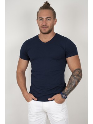 Rizzup Erkek Lacivert V Yaka Likralı Dar Kesim Basic Düz Tişört 1801165
