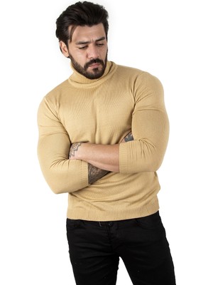 Rizzup Erkek Camel Slim Fit Balıkçı Yaka Düz Kazak Boğazlı Yaka Triko 2002292