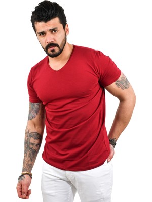 Rizzup Erkek Bordo V Yaka Likralı Dar Kesim Basic Düz Tişört 1801165