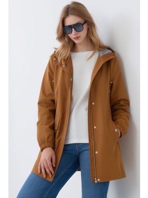 Bacc Taba Kapüşonlu Fermuarlı Çift Cepli Yağmurluk Ceket BCHNV-261269