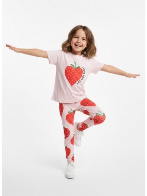 Pini Co Kız Çocuk Pembe Çilek Baskılı T-Shirt ve Çilek Desenli Tayt Ikili Takım