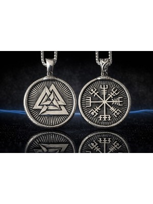 Paslanmaz Çelik Antik Gümüş Renk Çift Taraflı Viking Mitolojisi  Vegvisir Valknut Viking Kolye