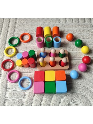 Moccotoys Montessori Ahşap Eğitici Oyuncak 6 Renk Eşleştirme Seti | Silindir Halka Peg Bebek Kase Küp | 36 Prç