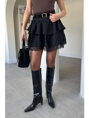 Magarde Kemerli Dantel Detaylı Mini Etek- Siyah