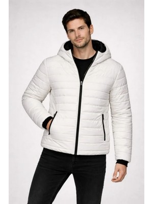 Erkek Şişme Kapüşonlu Fermuarlı Mont Su Itici Kapitone Astarlı Kumaş Cepli Kışlık Rahat Kalıp - Krem