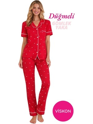 Bie's Kadın Önden Düğme Gömlek Yaka Saten Biyeli Göğüs Cepli Viskon Kısa Kol Pijama Takımı