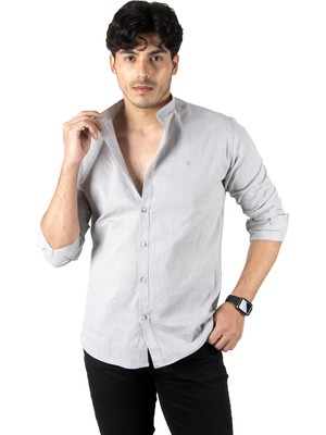 Rizzup Erkek Gri Slim Fit Dar Kesim Keten Gömlek Hakim Yaka Pamuklu Keten Spor Gömlek 2201895