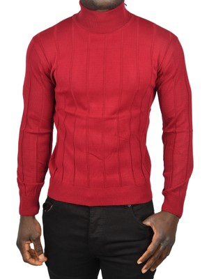 Rizzup Erkek Bordo Slim Fit Likralı Tam Balıkçı Yaka Çizgili Boğazlı Kazak 2505504