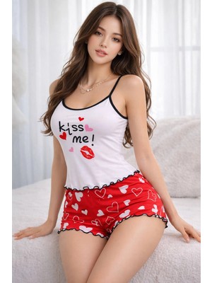 Arenes Renkli Kalp Desenli Askılı Şortlu Kadın Pijama Takımı
