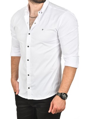 Rizzup Erkek Beyaz Slim Fit Çıtçıtlı Spor Gömlek Dar Kesim Pamuklu Gabardin Gömlek 2300413
