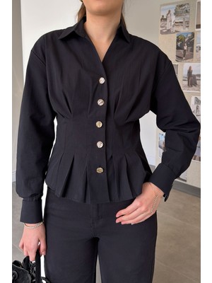 Magarde Belden Oturtmalı Gold Düğme Detaylı Gömlek- Siyah