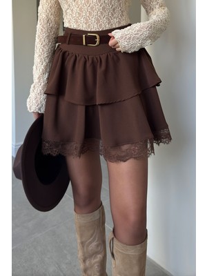 Magarde Kemerli Dantel Detaylı Mini Etek- Kahverengi