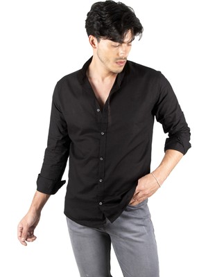 Rizzup Erkek Siyah Slim Fit Dar Kesim Keten Gömlek Hakim Yaka Pamuklu Keten Spor Gömlek 2201895