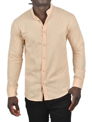 Rizzup Erkek Bej Slim Fit Dar Kesim Keten Gömlek Hakim Yaka Pamuklu Keten Spor Gömlek 2201895