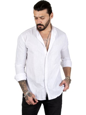 Rizzup Erkek Beyaz Slim Fit Dar Kesim Keten Gömlek Hakim Yaka Pamuklu Keten Spor Gömlek 2201895