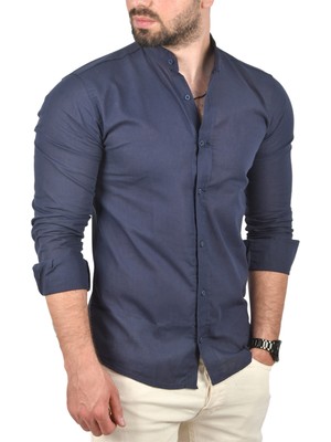 Rizzup Erkek Lacivert Slim Fit Dar Kesim Keten Gömlek Hakim Yaka Pamuklu Keten Spor Gömlek 2201895