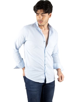 Rizzup Erkek Mavi Slim Fit Dar Kesim Keten Gömlek Hakim Yaka Pamuklu Keten Spor Gömlek 2201895
