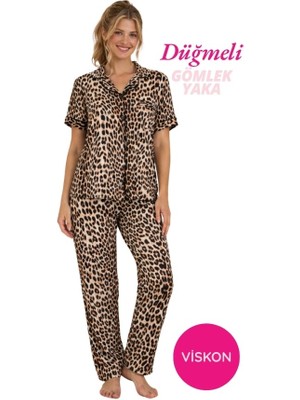 Bie's Kadın Leopar Desenli Önden Düğme Gömlek Yaka Saten Biyeli Göğüs Cepli Viskon Kısa Kol Pijama Takımı