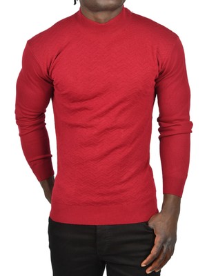 Rizzup Erkek Bordo Zigzag Desenli Yarım Balıkçı Yaka Dar Kesim Boğazlı Triko Kazak 2505496