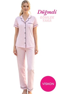 Seamlife Kadın Pembe-Beyaz Çizgi Desenli Önden Düğme Gömlek Yaka Saten Biyeli Göğüs Cepli Viskon Kısa Kol Pijama Takımı