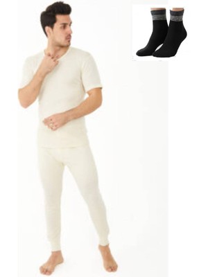 Uygur Saf Yünden Sıcak Tutan Erkek Için Üst Kısa Kol Fanila Alt Tayt Içlik Takım