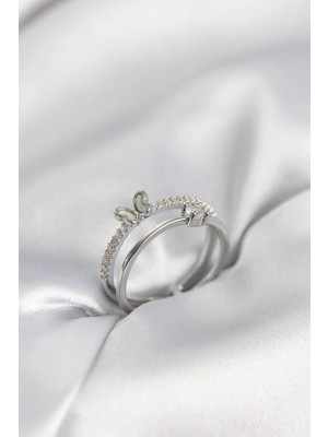 Erbilden Erb Gümüş Renk 2'li Zirkon Taşlı Kelebek Model Kadın Yüzük