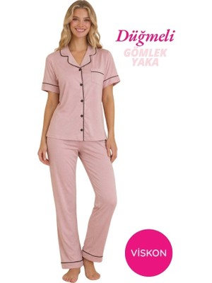 Bie's Kadın Pudra Önden Düğme Gömlek Yaka Saten Biyeli Göğüs Cepli Viskon Kısa Kol Pijama Takımı