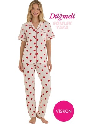 Seamlife Kadın Önden Düğme Gömlek Yaka Saten Biyeli Göğüs Cepli Viskon Kısa Kol Pijama Takımı