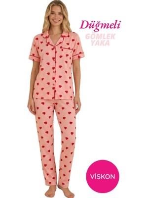 Seamlife Kadın Pembe Kalp Desenli Önden Düğme Gömlek Yaka Saten Biyeli Göğüs Cepli Viskon Kısa Kol Pijama Takımı