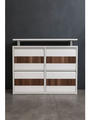 Moemi Tablalı (2+ 2) 4'lü Metal Ayakkabılık-Beyaz-Ceviz Ahşap Kaplamalı