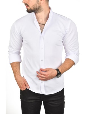 Rizzup Erkek Beyaz Slim Fit Dar Kesim Pamuklu Spor Gömlek Jakar Kumaş Likralı Gömlek 2500552