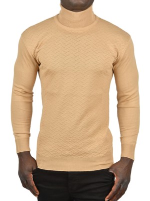 Rizzup Erkek Camel Zigzag Desenli Tam Balıkçı Yaka Dar Kesim Boğazlı Triko Kazak 2505497