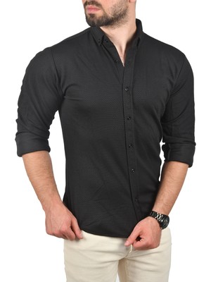 Rizzup Erkek Siyah Slim Fit Dar Kesim Dokulu Spor Gömlek Likralı Pamuklu Esnek Kumaş Gömlek 2001810