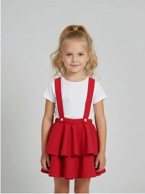 Zubi Baby & Kids Wear Kız Çocuk Kırmızı Katlı Salopet Etek (5-14 Yaş)