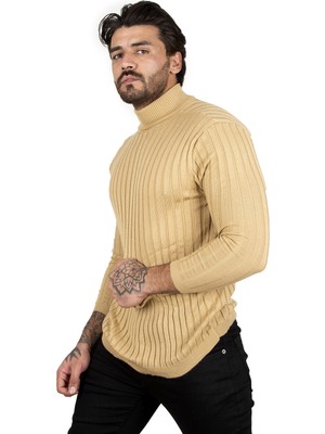 Rizzup Erkek Camel Slim Fit Yarım Balıkçı Yaka Çizgi Desenli Örme Kazak Yarım Boğazlı Triko 2100017
