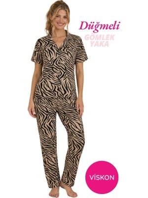 Seamlife Kadın Önden Düğme Gömlek Yaka Saten Biyeli Göğüs Cepli Viskon Kısa Kol Pijama Takımı