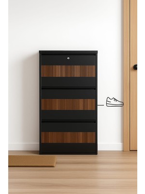 Moemi 3'lü Antrasit Metal Ayakkabılık Ahşap Ceviz Kaplamalı ( Kilitli )