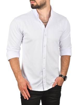 Rizzup Erkek Beyaz Slim Fit Dar Kesim Dokulu Spor Gömlek Likralı Pamuklu Esnek Kumaş Gömlek 2001810