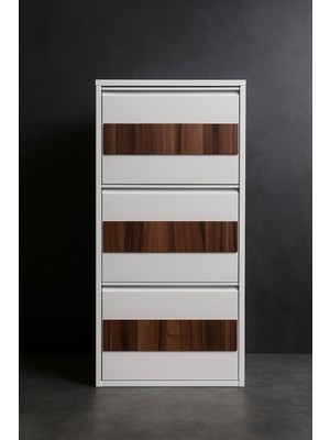 Moemi Metal Ayakkabılık 3'lü Beyaz - Ceviz Ahşap Kaplamalı Ayakkabılık